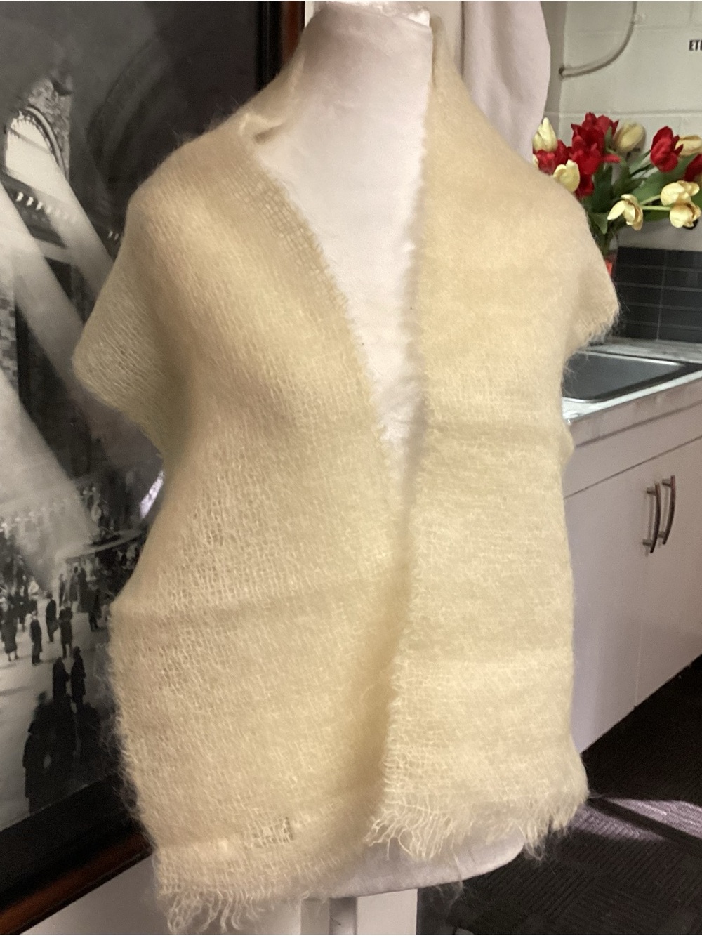Cream Short-Sleeve Open Front Women's Sweater Vest